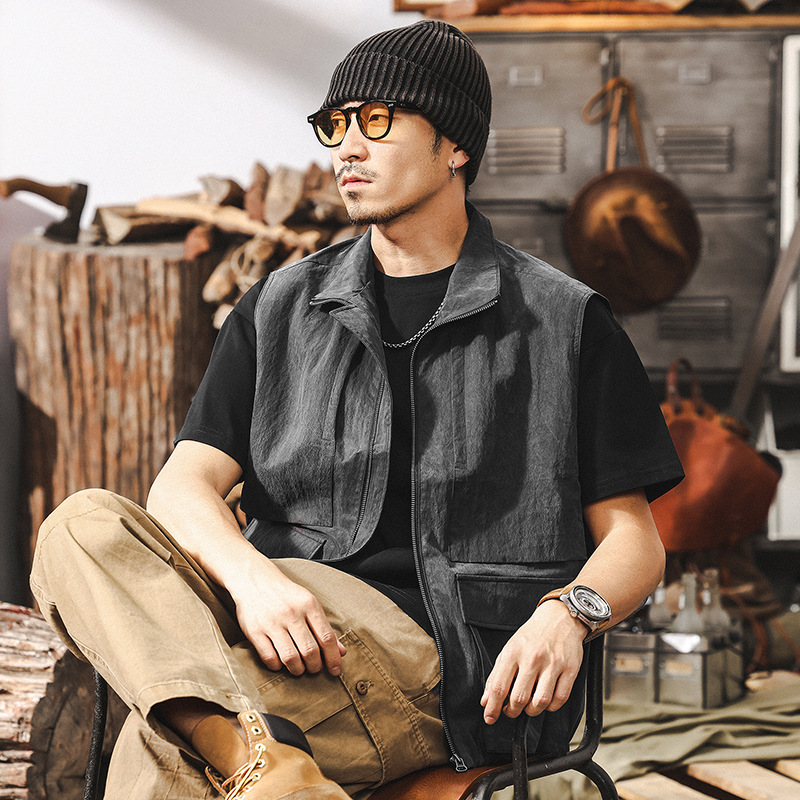 萊賽爾天絲薄款馬甲男士春季2025新款潮牌復古巴能風工裝夾克外套