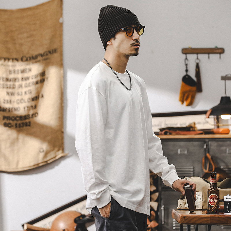 美式重磅長袖T恤男2024新款潮牌寬松白色上衣體恤男T春秋款打底衫