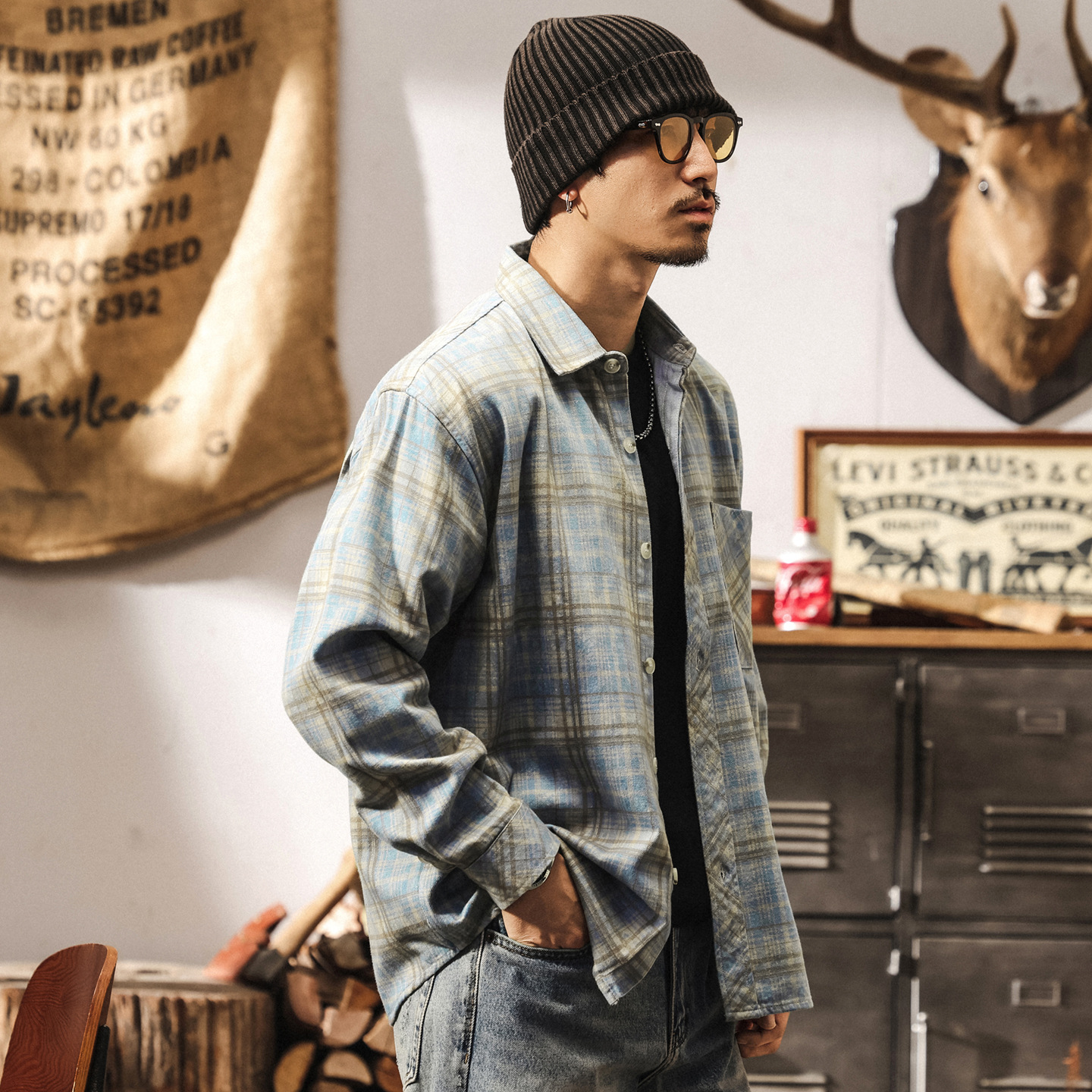 美式復古斜紋萊賽爾色織格子襯衫男長袖2025新款潮牌寬鬆襯衣外套