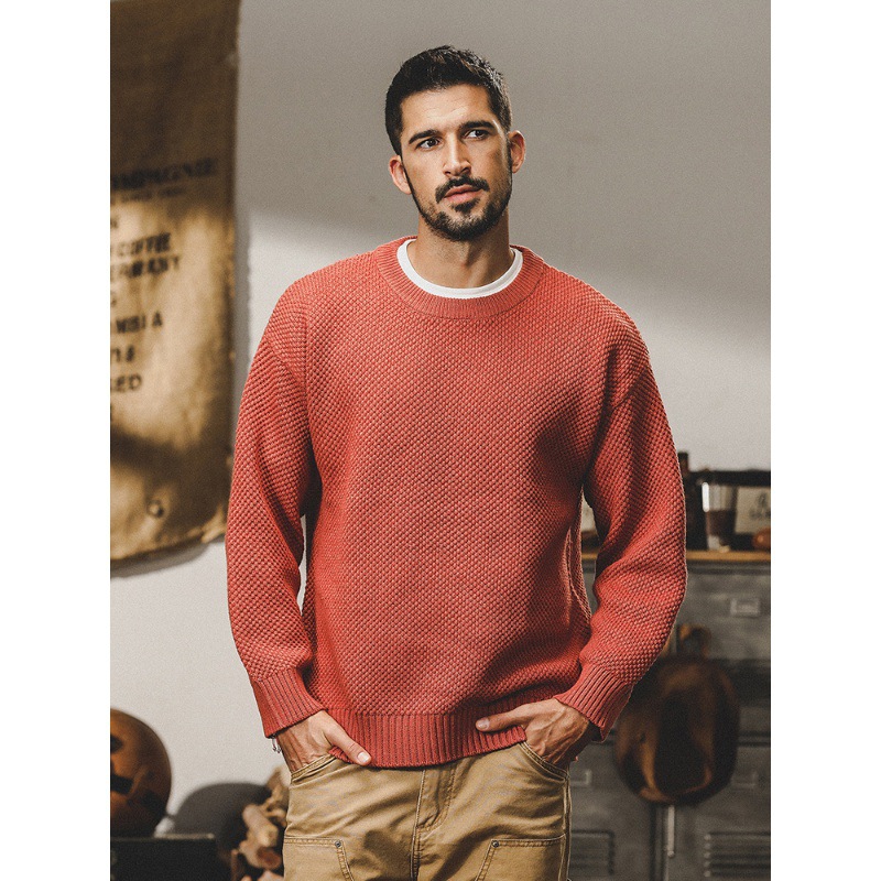 美式經典圓領毛衣男秋冬款2023新款日系復古菠蘿針提花加厚針織衫