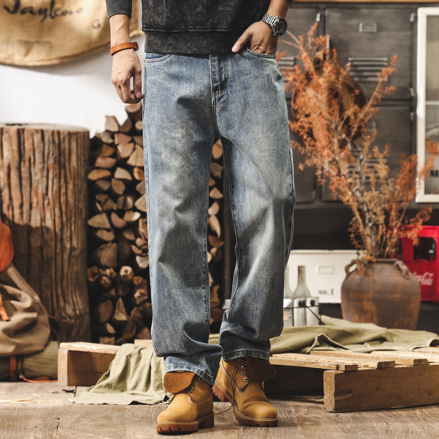 美式復古加絨牛仔褲男2026新款潮牌直筒冬季加厚褲子寬鬆休閒褲男