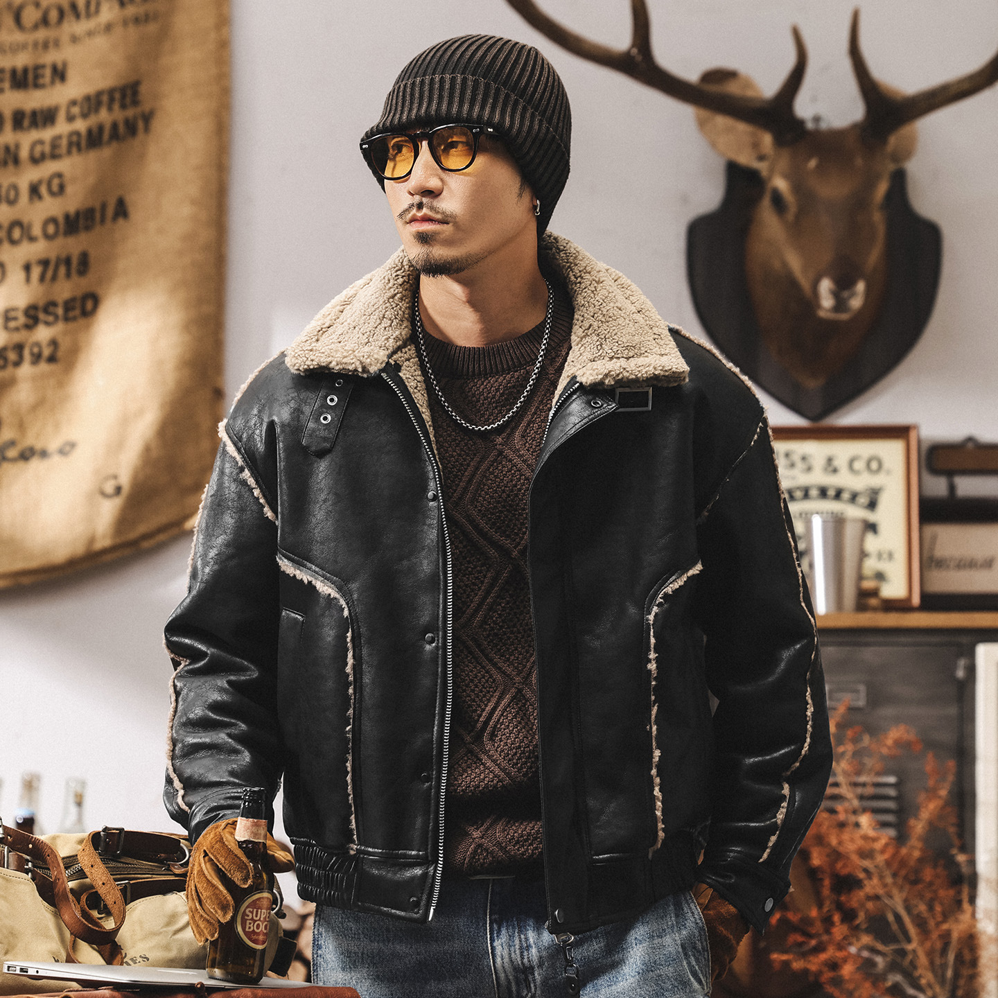 美式復古座山雕加絨皮衣外套男士棉服冬季潮牌機車皮毛一體棉衣男