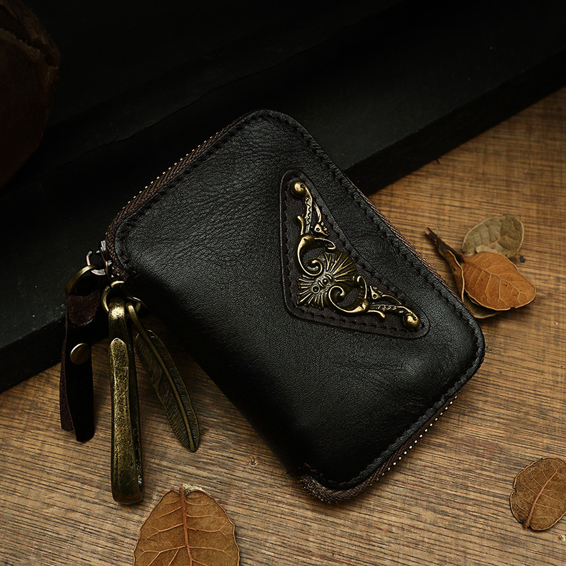 手工牛皮男士真皮鑰匙包個性潮牌真皮零錢包卡包汽車鑰匙包拉鍊包