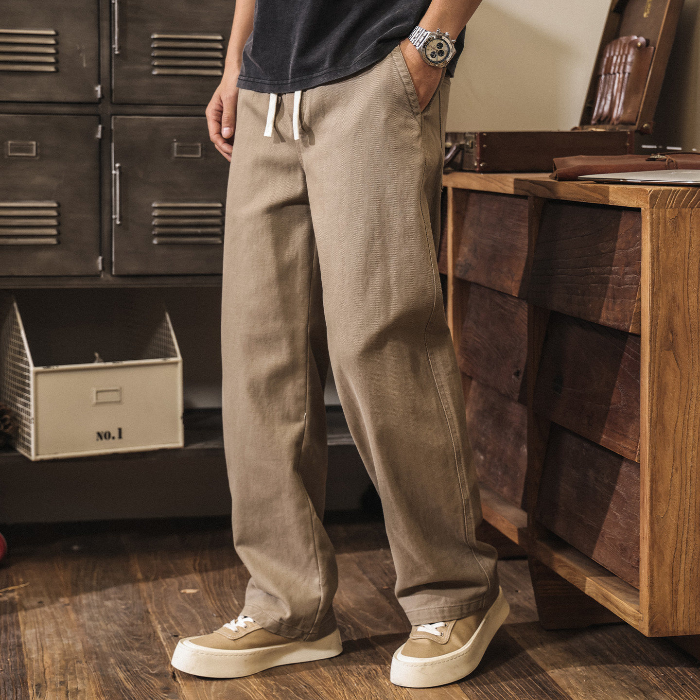 美式復古直筒卡其色工裝褲男士2026新款春季潮牌寬鬆休閒長褲子潮