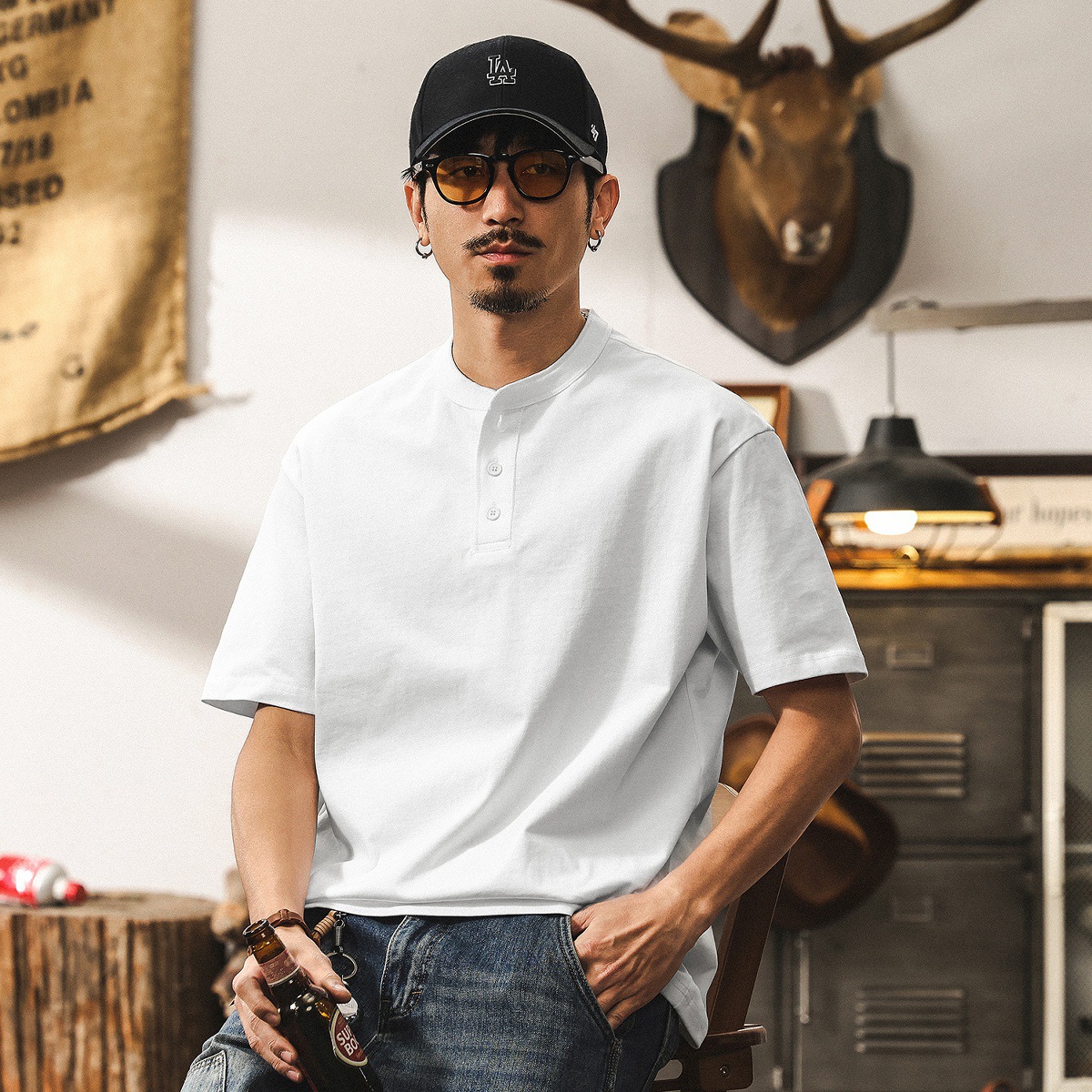 美式復古300g重磅T恤男夏季亨利領短袖男士polo衫潮牌寬鬆上衣男