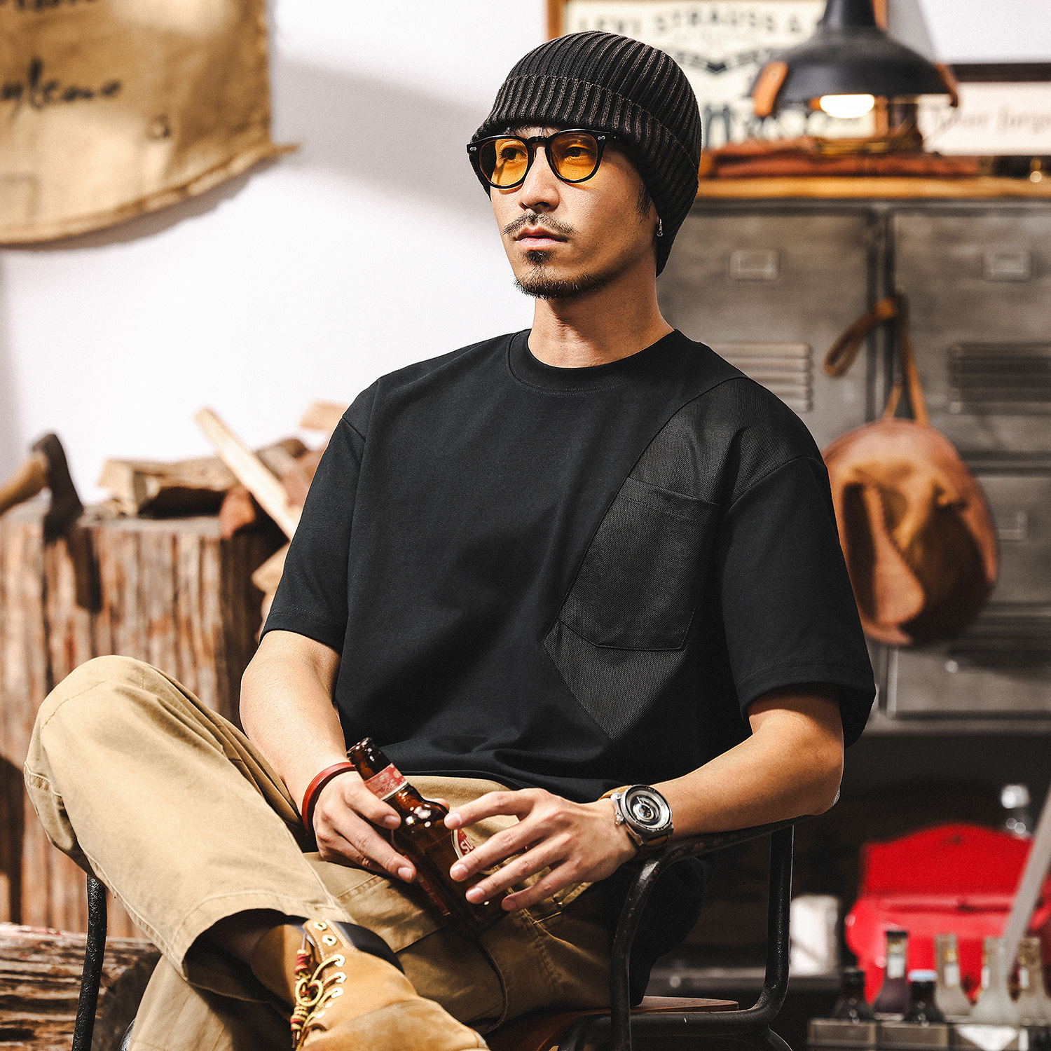 【7A抗菌除蟎】夏季涼感T恤男短袖寬鬆美式潮牌拼接設計男士上衣