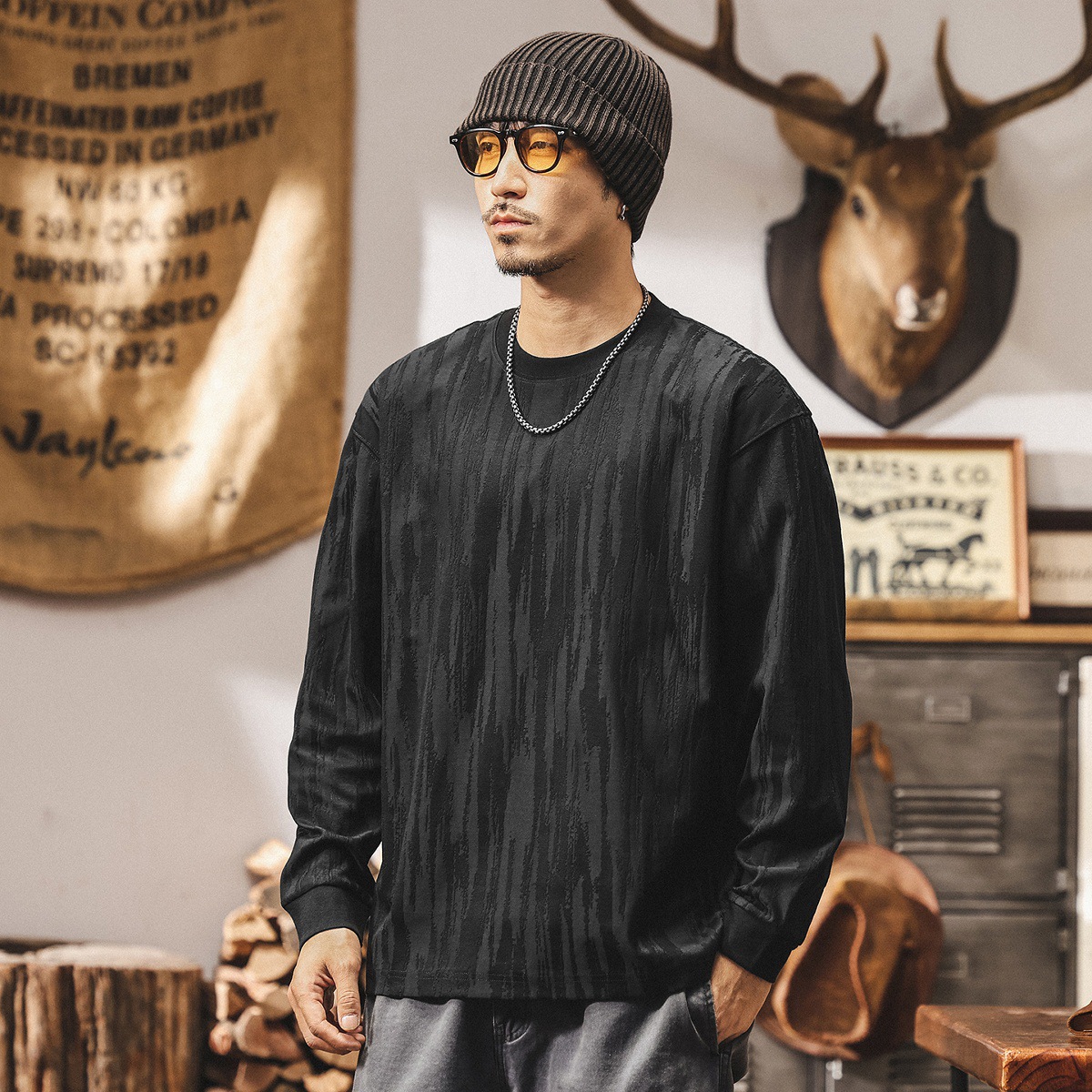 美式復古260g重磅t恤男長袖秋季新款樹紋肌理感寬鬆休閒男士上衣