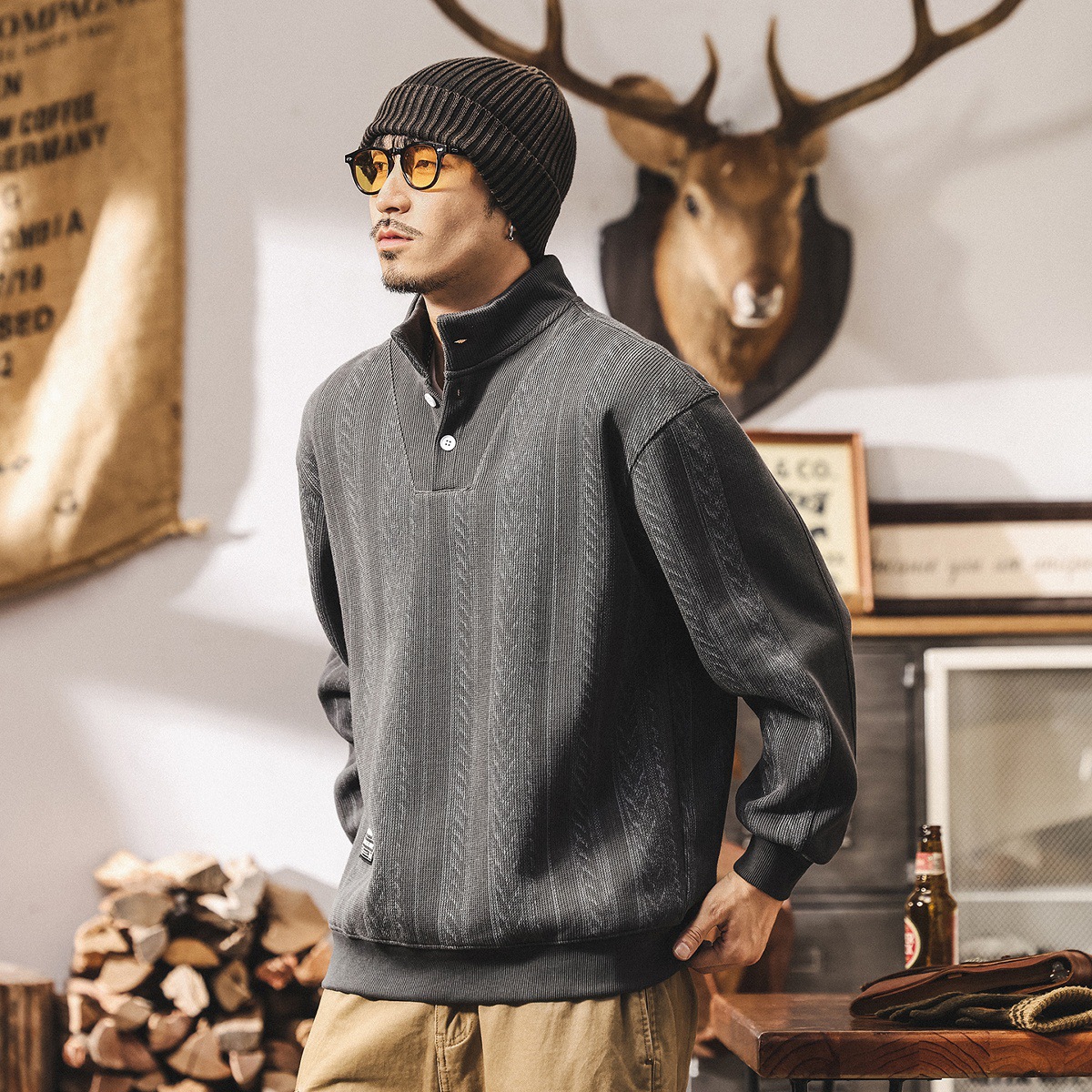 美式復古重磅半高領衛衣男款春秋潮牌寬鬆新款秋冬輕熟男士上衣潮