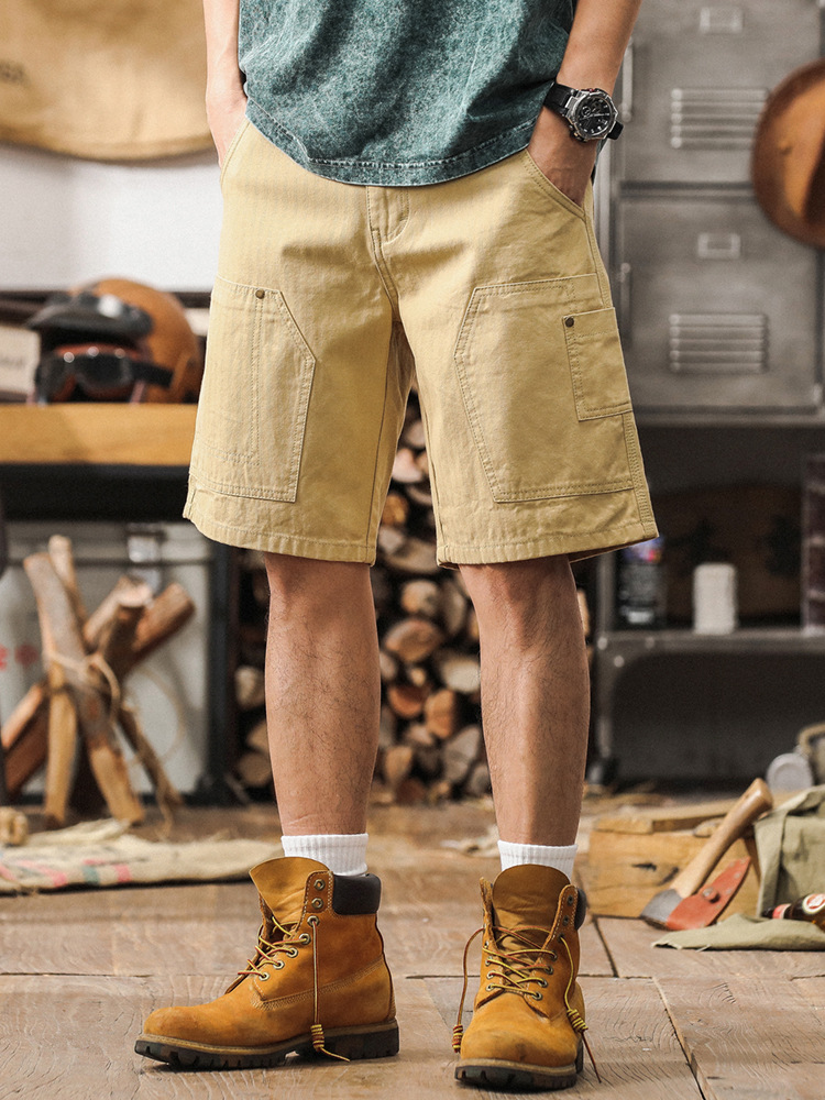 美式工裝短褲男夏季戶外休閒機能卡其色中褲寬鬆大碼五分褲子男潮