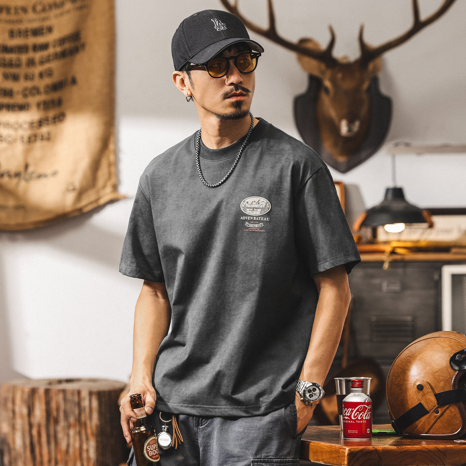 美式復古做舊水洗T恤男夏季山系戶外印花短袖男款潮牌寬鬆上衣男