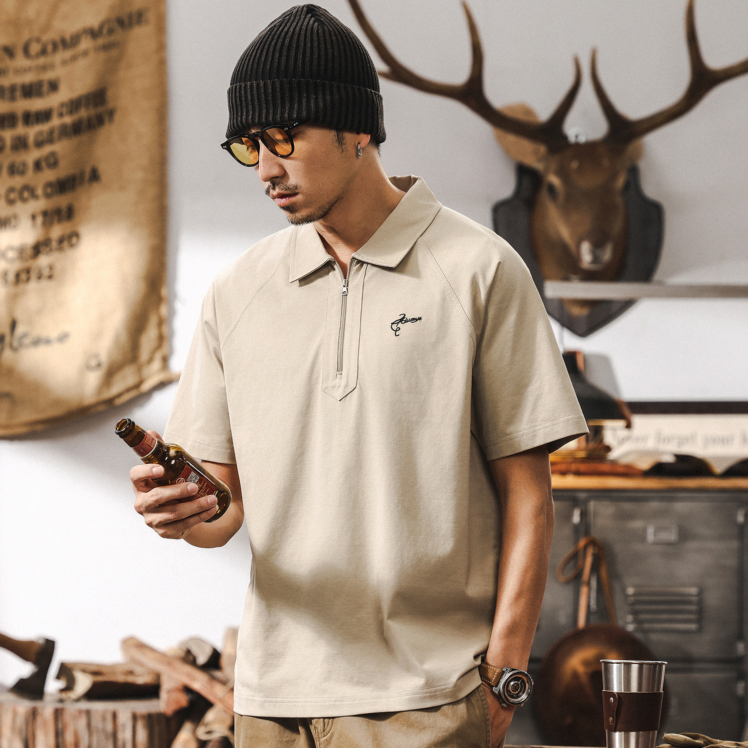 美式復古男士polo衫短袖夏季2025新款潮流半拉鏈潮牌T恤寬鬆上衣