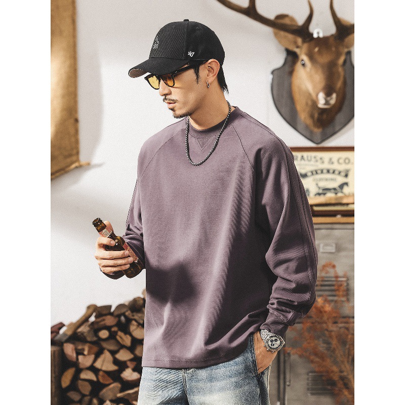 美式復古紫色衛衣男春秋新款簡約潮流300g重磅T恤男長袖寬鬆上衣