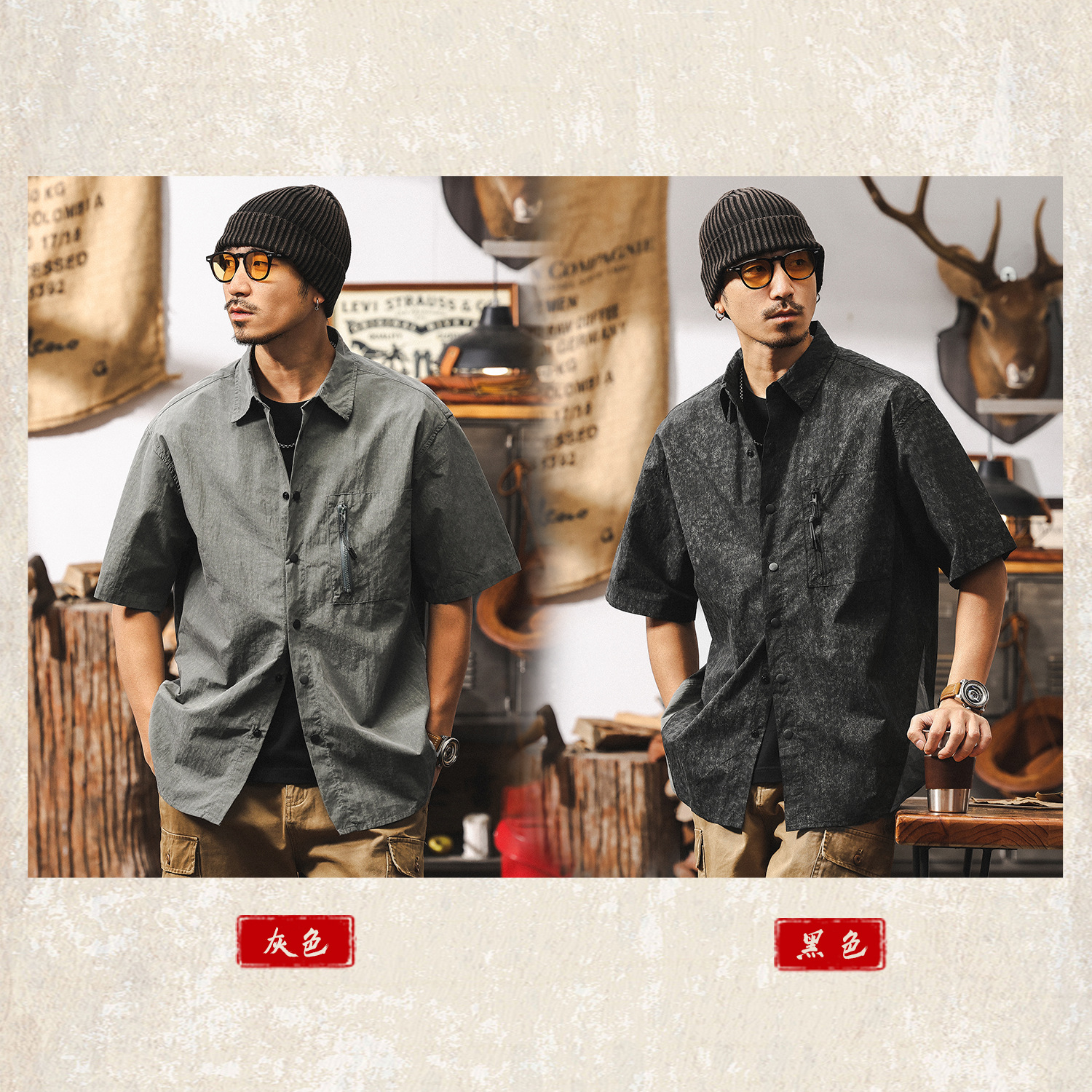 美式復古山系戶外薄款工裝短袖襯衫男夏季2025新款寬鬆休閒襯衣男