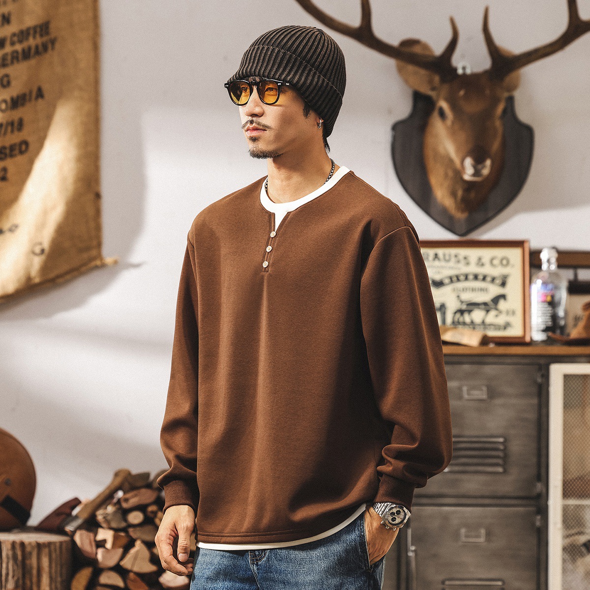 美式復古亨利領假兩件t恤男長袖春秋新款潮牌重磅衛衣寬鬆上衣男