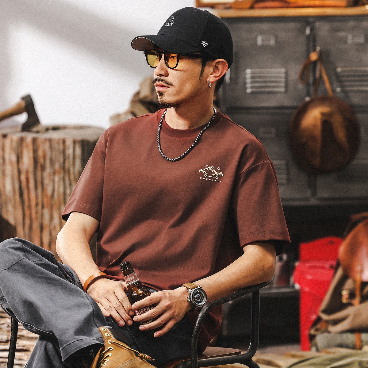 冰絲涼感T恤男夏季2025新款短袖男款潮牌山系印花寬鬆美式上衣男