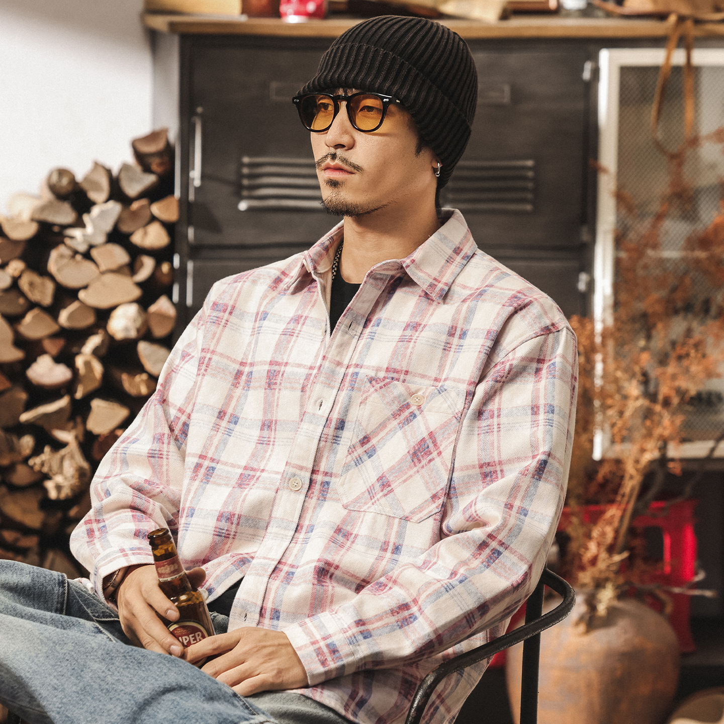 萊賽爾天絲粉色格子襯衫男長袖秋季新款寬鬆休閒男士襯衣春秋外套