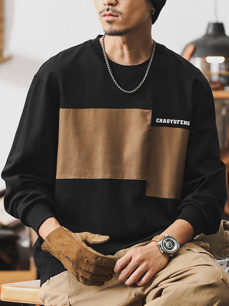 美式複古280g重磅長袖t恤男秋季潮牌寬松拼接撞色休閑上衣男