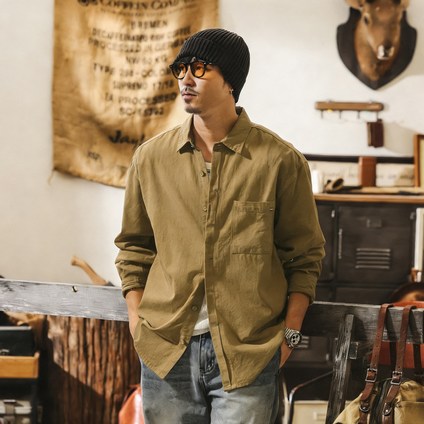 美式復古老錢風萊賽爾襯衫外套男春季薄款寬鬆休閒工裝長袖襯衣男