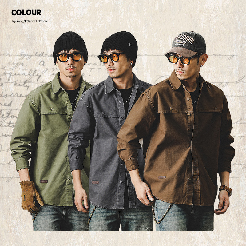 硬漢獵裝工裝襯衫男長袖美式重磅復古城市戶外通勤休閒襯衣外套男