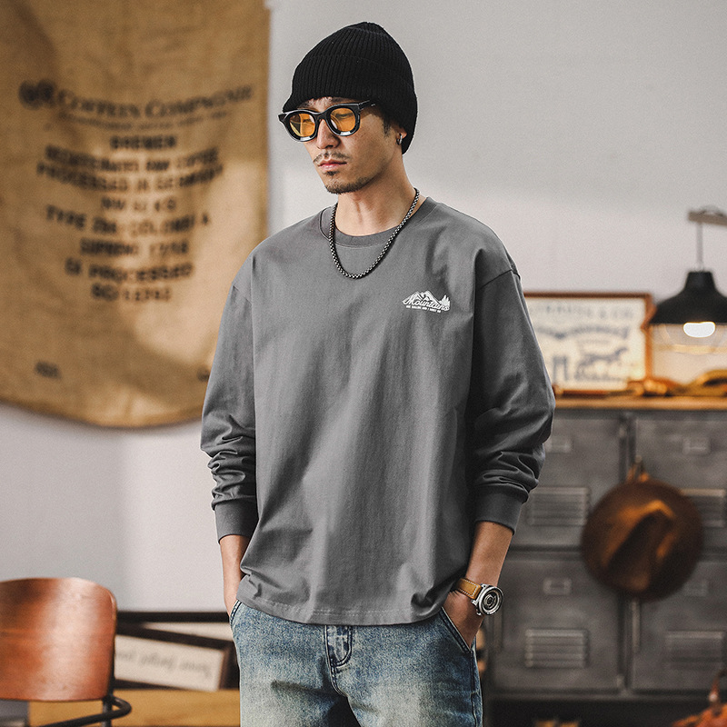 春季新款美式山系T恤男長袖寬鬆潮牌260g重磅男士上衣打底衫