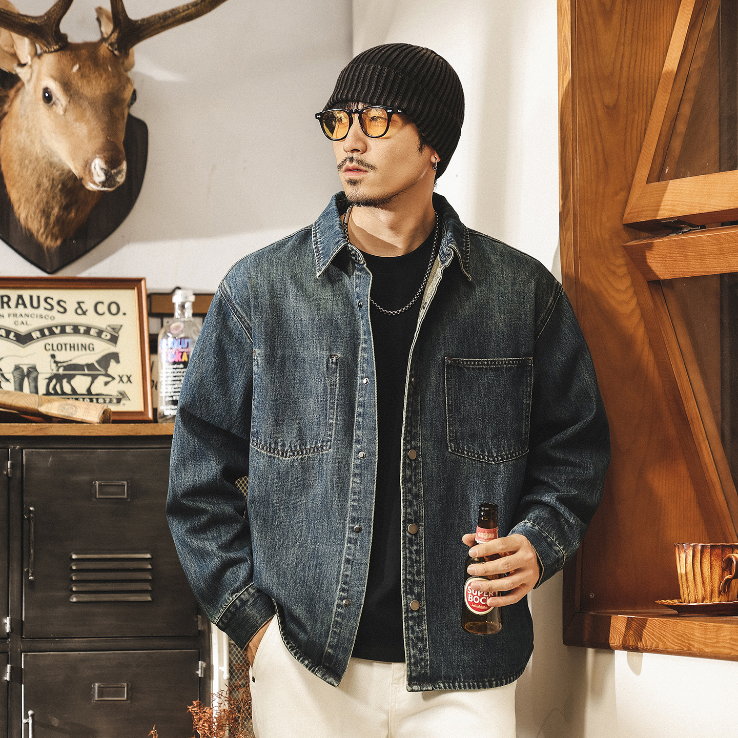 美式復古牛仔襯衫男長袖2025春秋新款寬鬆休閒襯衣秋季潮牌外套男