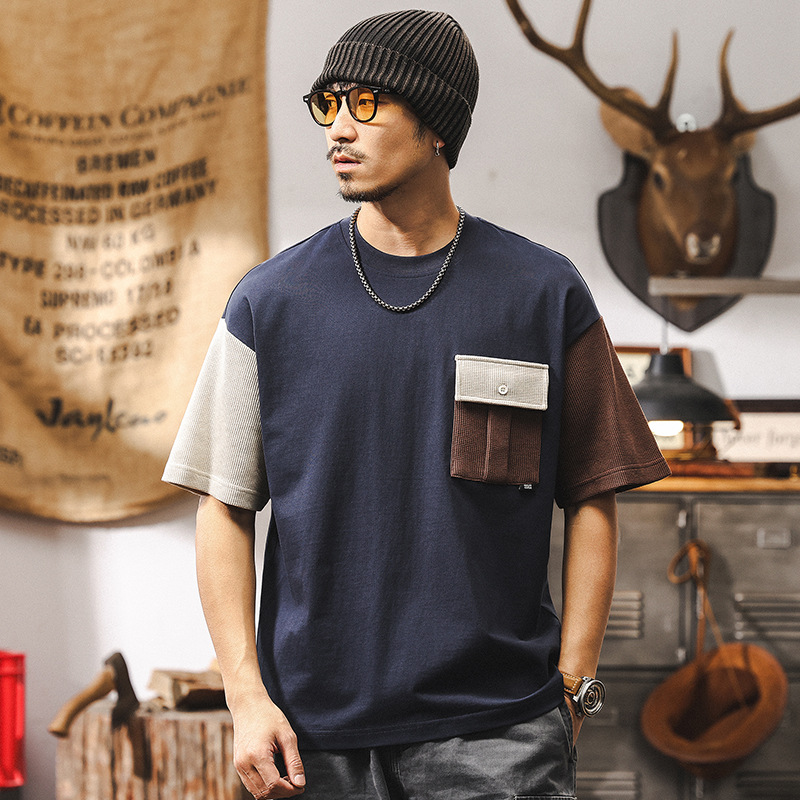 新疆棉拼色短袖男夏季2025新款美式復古寬鬆上衣潮流250g重磅T恤