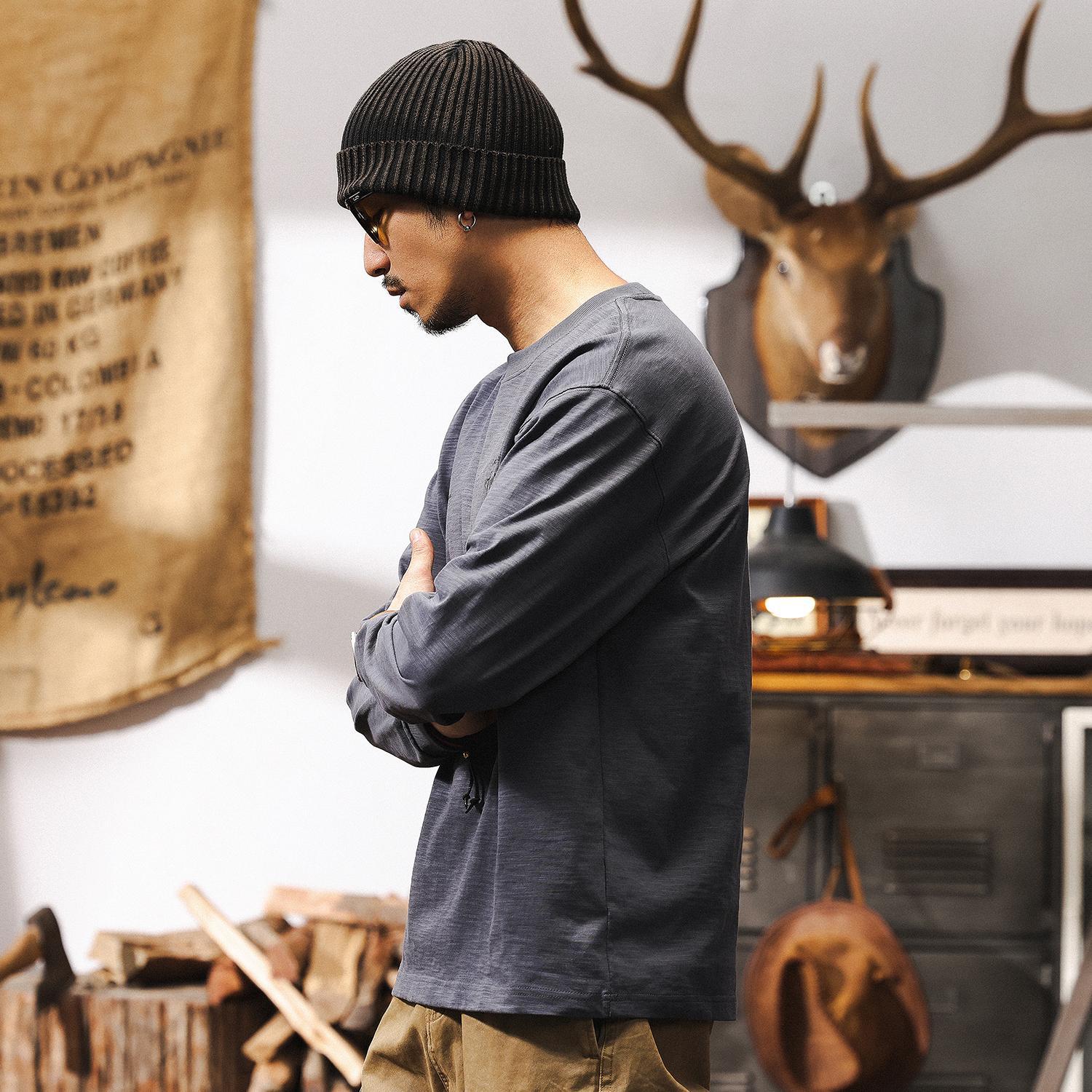 竹節棉長袖T恤男春季寬鬆2025新款美式復古潮牌寬鬆簡約休閒上衣