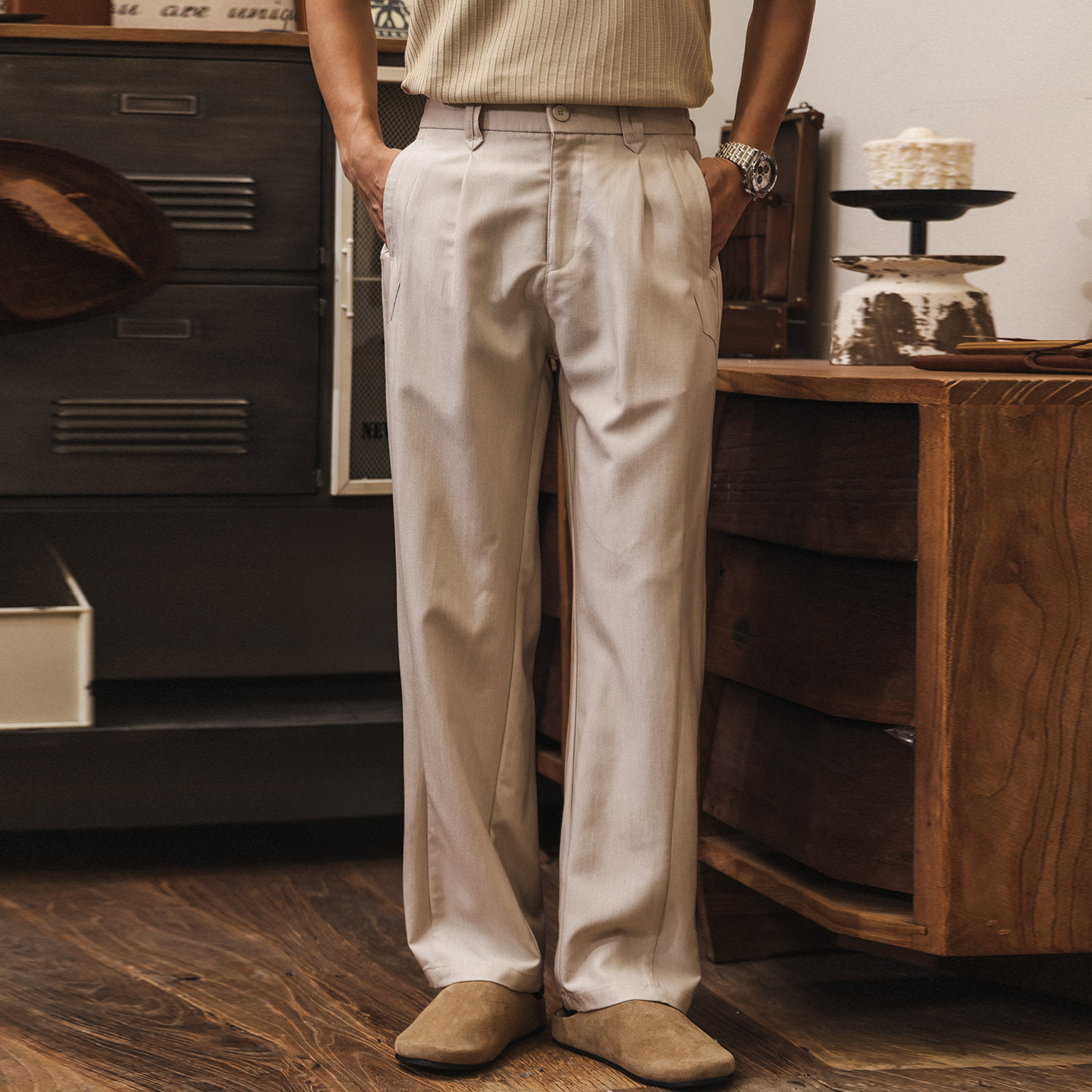 萊賽爾抗皺垂感綿羊毛直筒西褲男春季潮牌美式復古老錢風休閒褲男