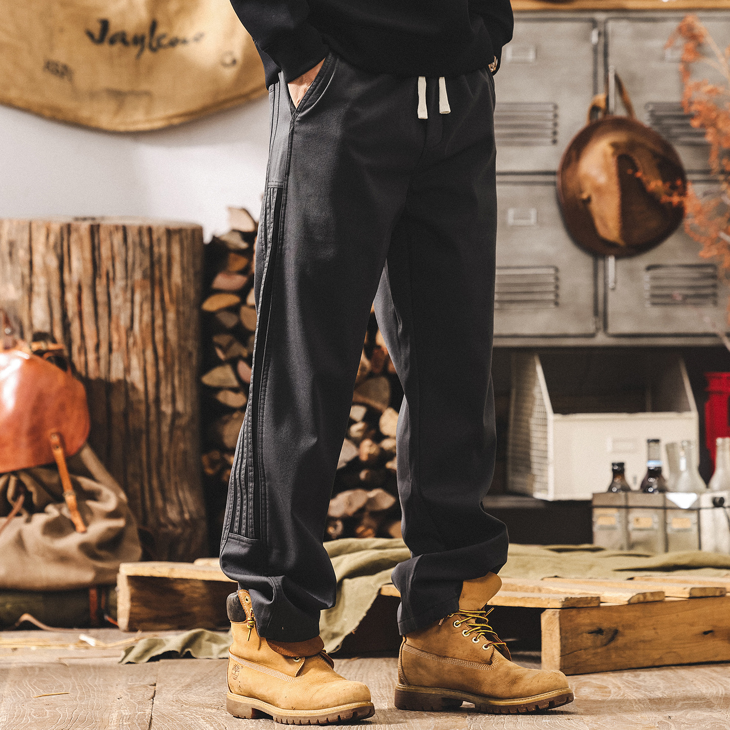 美式復古三條杠條紋加絨工裝褲子男直筒冬季加厚潮牌寬鬆休閒褲男