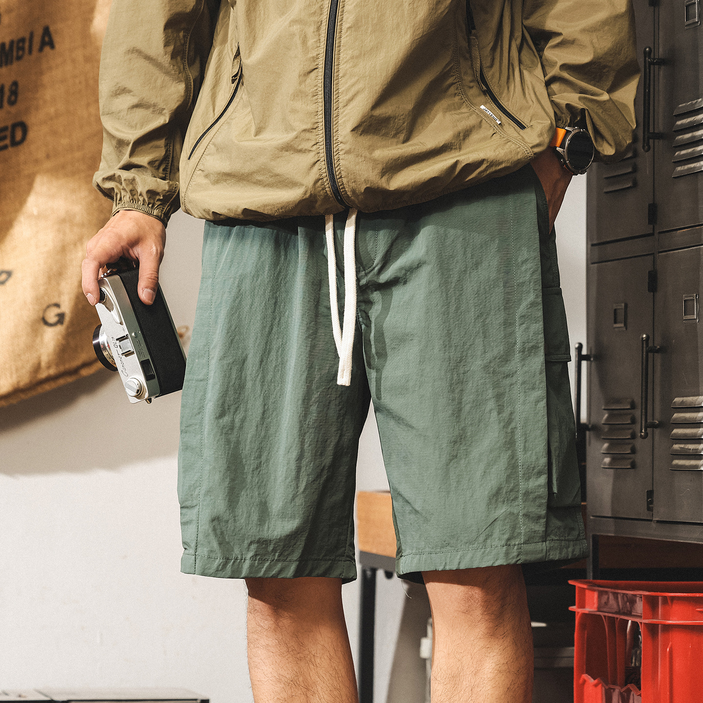 美式復古冰絲薄款短褲男夏季新款拼接潮牌中褲速乾戶外工裝五分褲