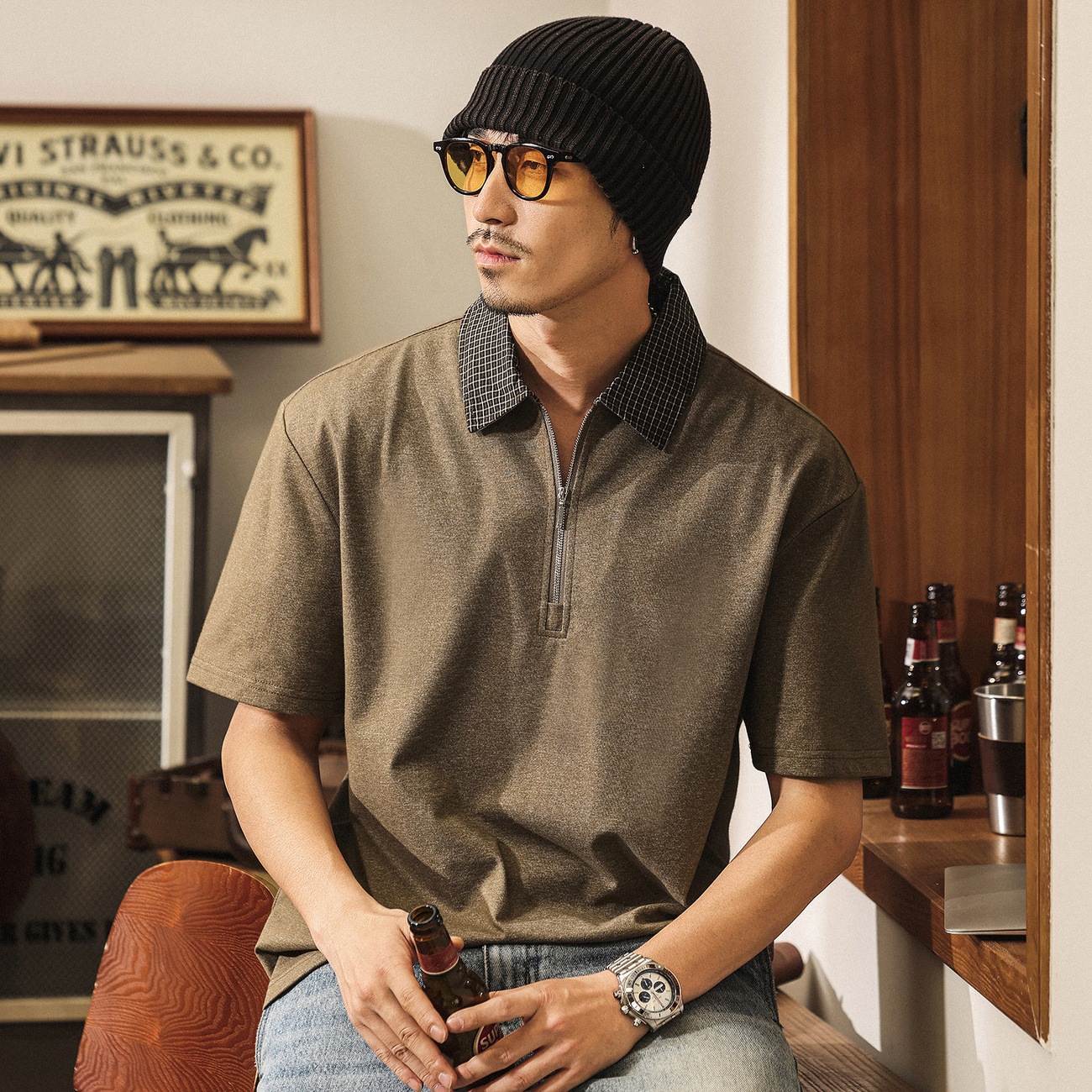 美式復古半拉鍊短袖POLO衫男夏季潮流拼接格紋T恤寬鬆休閒上衣男T