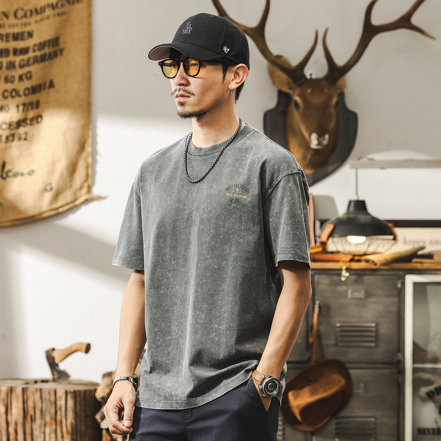 美式復古做舊水洗短袖夏季男士T恤2025新款潮牌寬鬆印花衣服