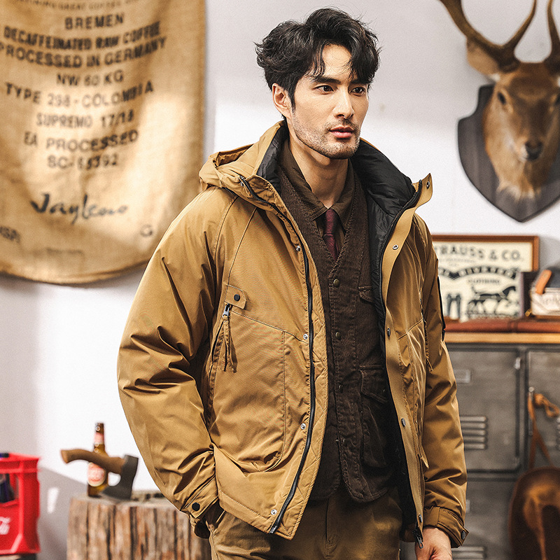 90%白鴨絨冬季工裝羽絨服男潮牌美式復古石墨烯機能連帽秋冬外套