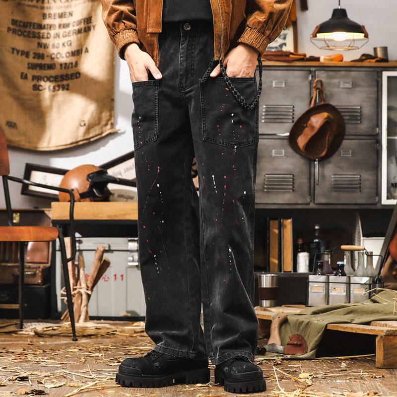 美式復古工裝牛仔褲男秋季寬鬆休閒褲2024新款潮流潑墨直筒褲子男