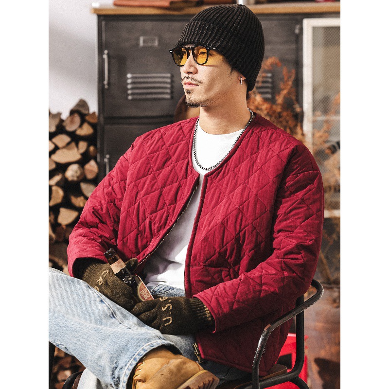 美式復古紅色菱形格內膽夾克棉衣男冬季輕薄款保暖休閒棉服外套男
