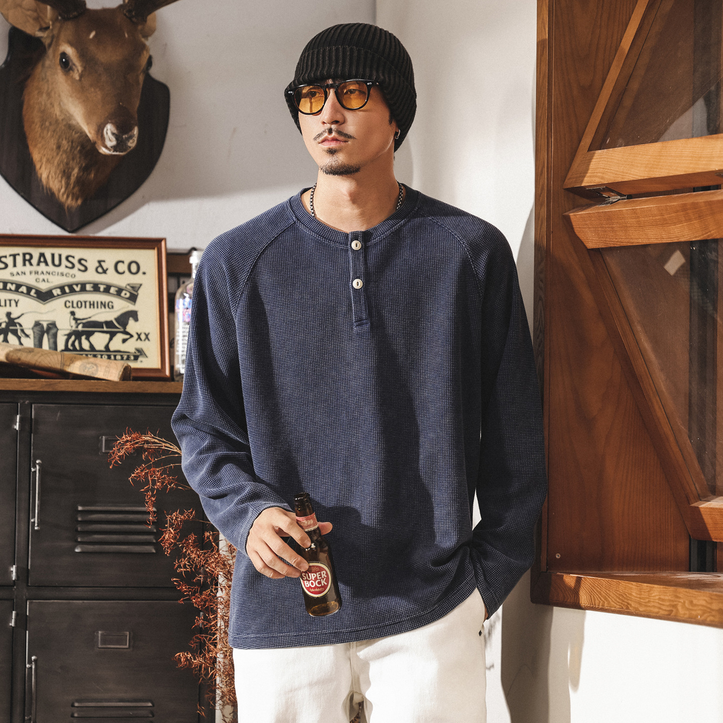 美式復古靛藍水洗長袖t恤男秋季新款300g重磅華夫格衛衣男士上衣T