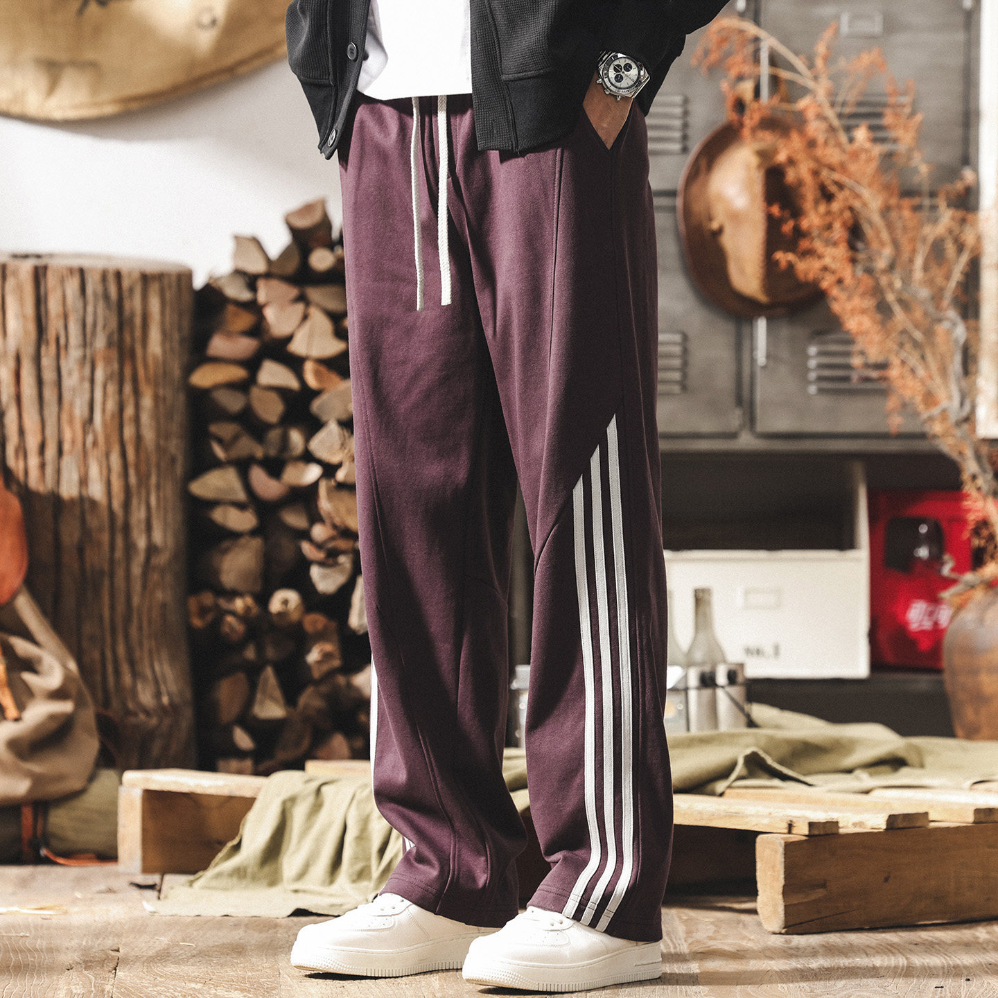 美式復古條紋運動厚棉褲男2026春季潮流新款直筒男士褲子寬鬆休閒