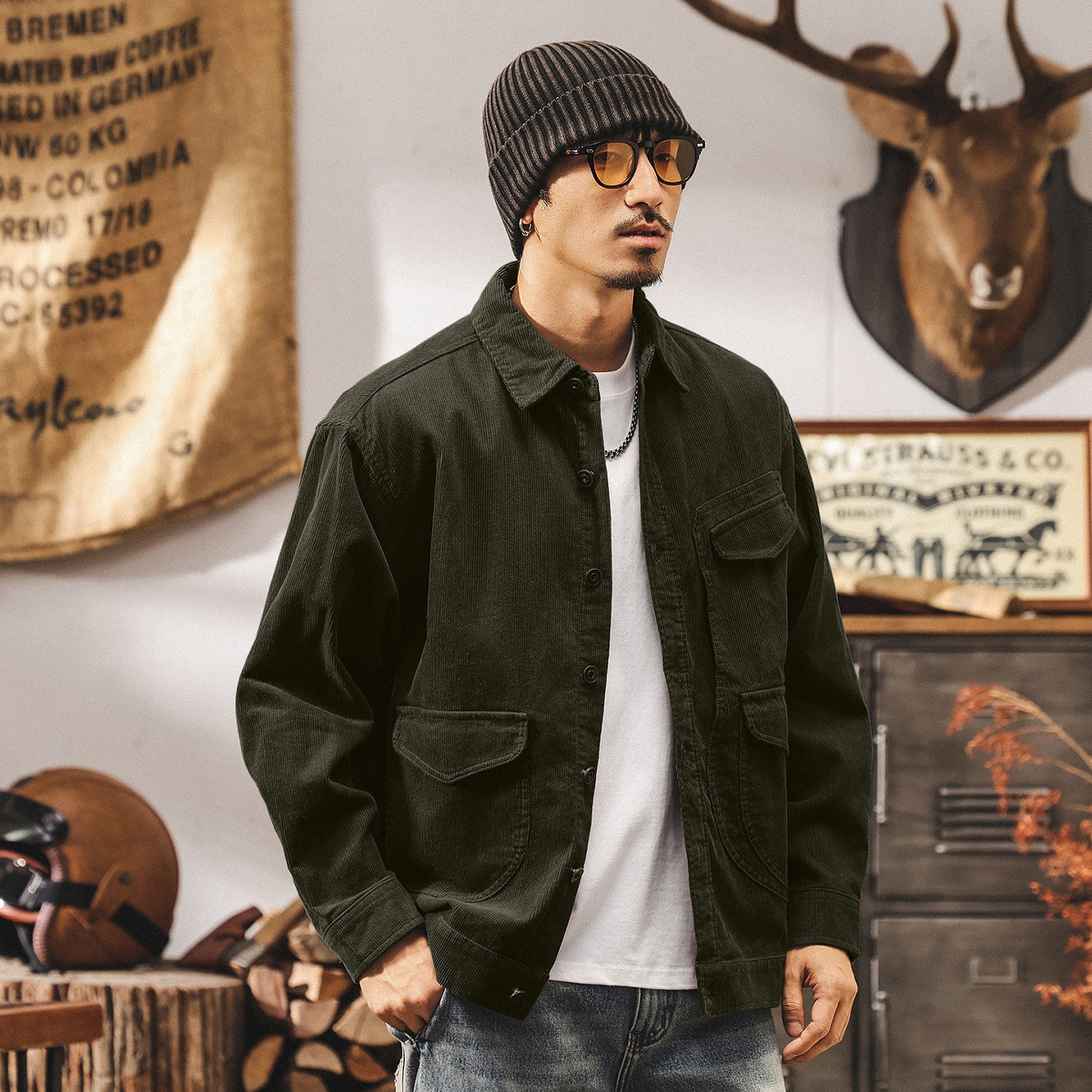 美式復古燈芯絨外套男春秋2025新款潮牌阿美咔嘰寬鬆休閒工裝夾克