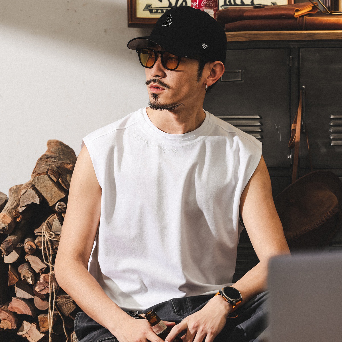 美式復古運動健身背心男夏季寬鬆無袖T恤男寬鬆潮牌白色坎肩上衣