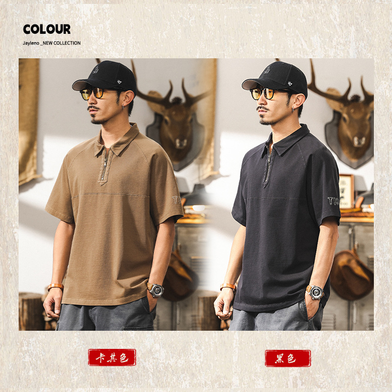 美式復古260g重磅T恤男短袖夏季2025新款寬鬆半拉鍊翻領polo衫男