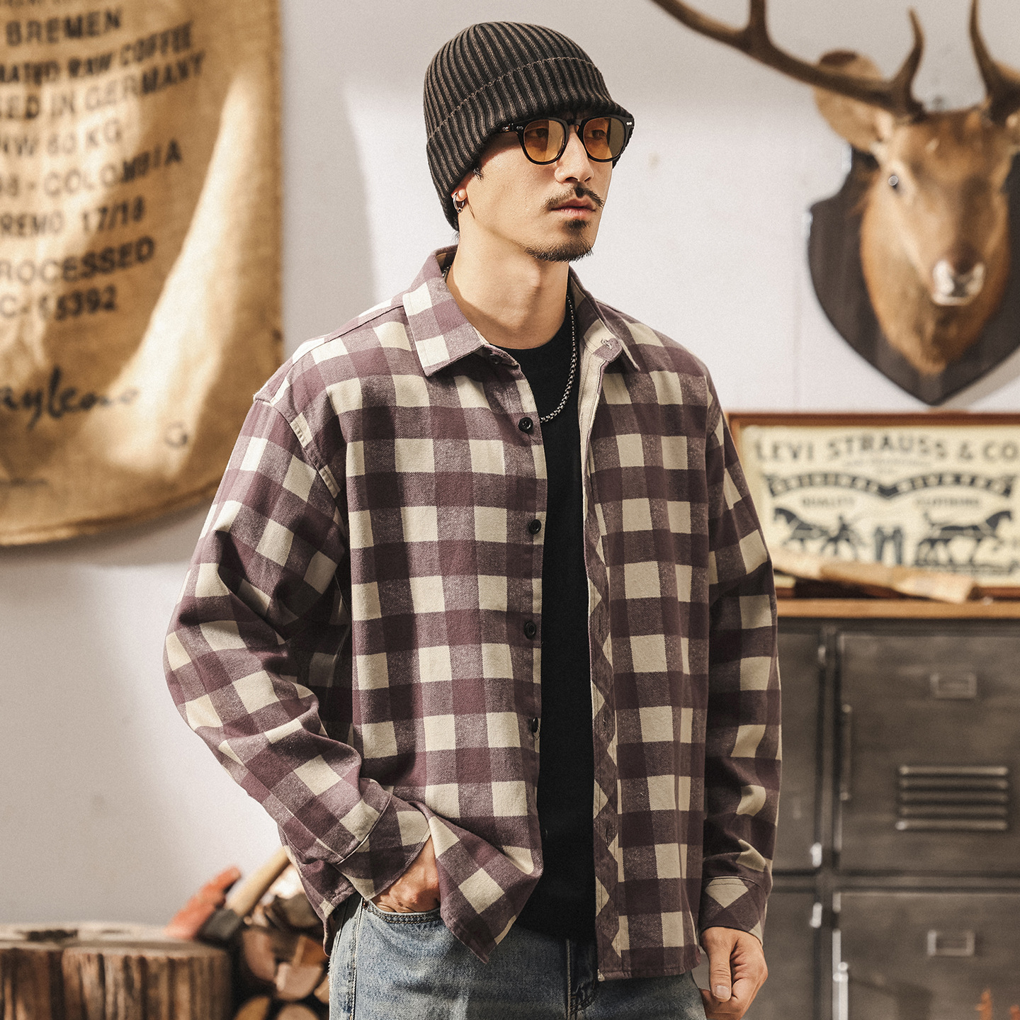 美式復古斜紋萊賽爾格子長袖襯衫男春秋新款寬鬆潮流紫色襯衣外套