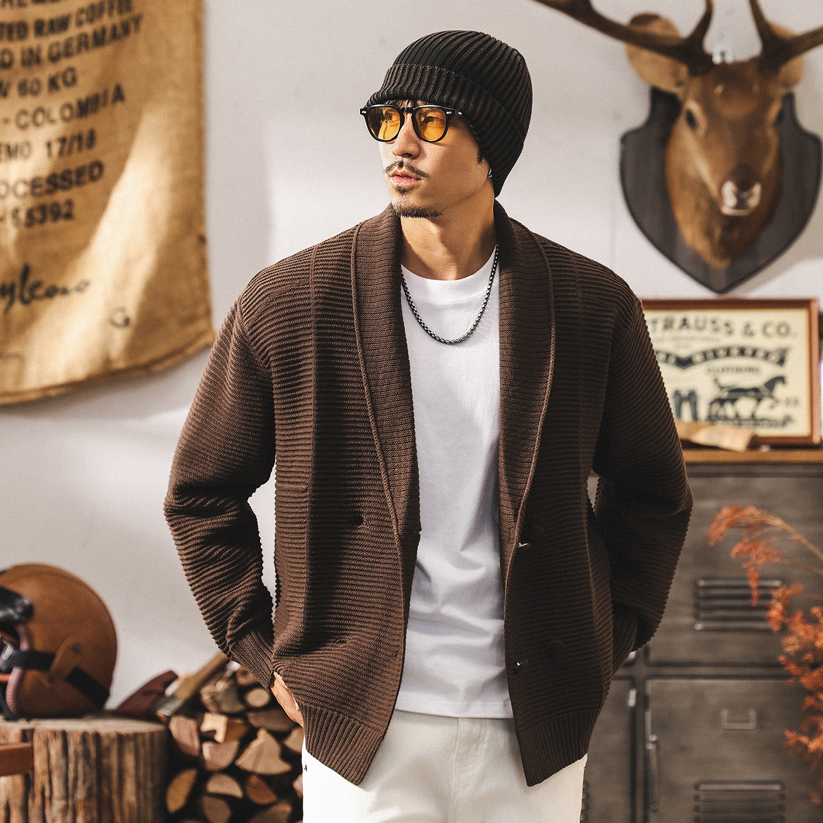 美式重磅復古毛衣男秋冬款慵懶風開衫外套男潮牌戧駁領寬鬆針織衫