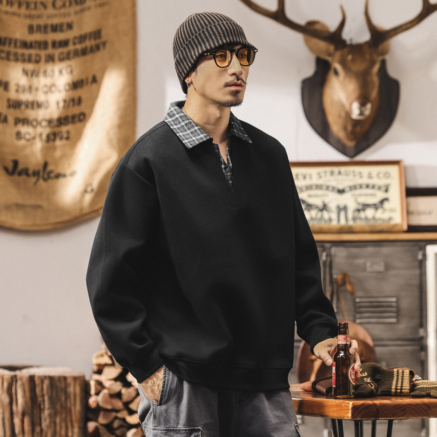 美式復古假兩件衛衣男春秋2025新款寬鬆大碼重磅男士休閒上衣秋季