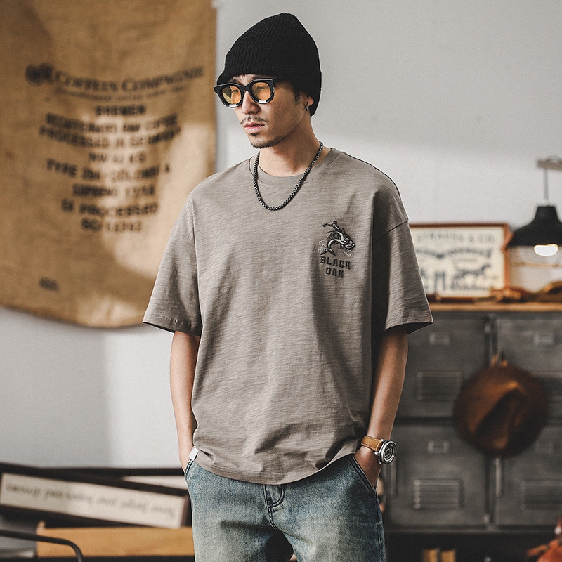 高級感竹節棉T恤男短袖夏季2024新款立體印花美式重磅半袖衣服男