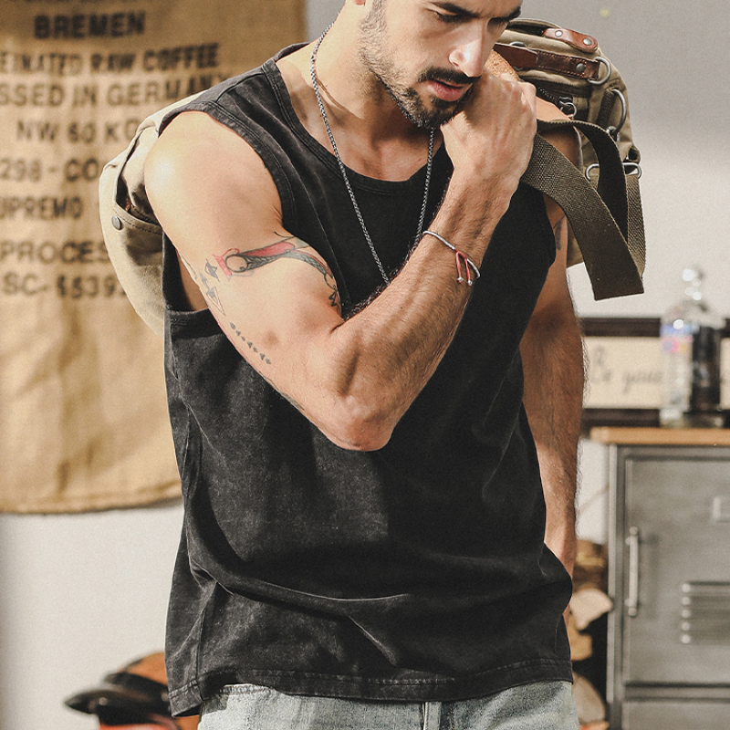 杰雷諾蠟染雪花美式復古純棉背心男款健身籃球寬鬆潮牌無袖t恤男