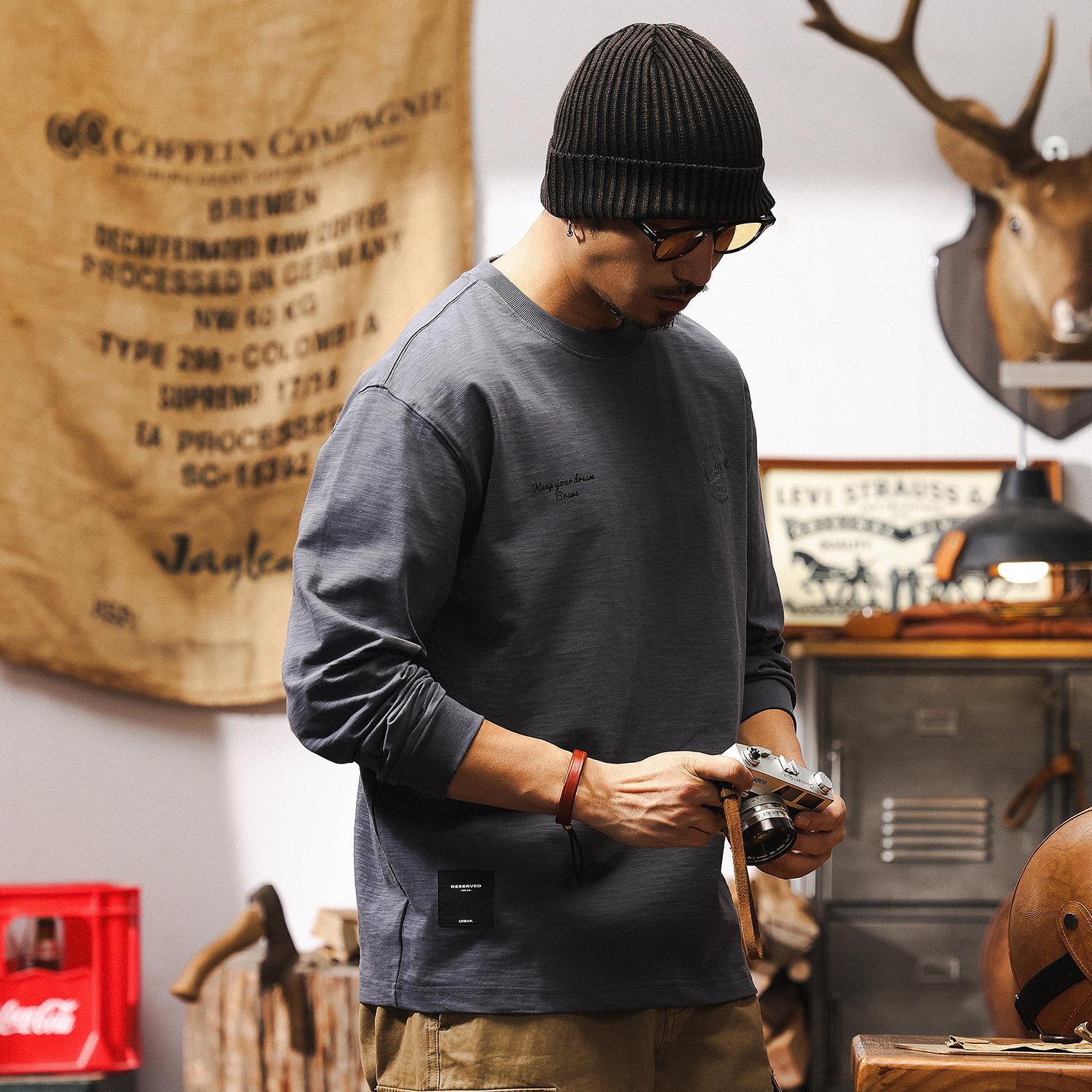 竹節棉長袖T恤男春季寬鬆2025新款美式復古潮牌寬鬆簡約休閒上衣