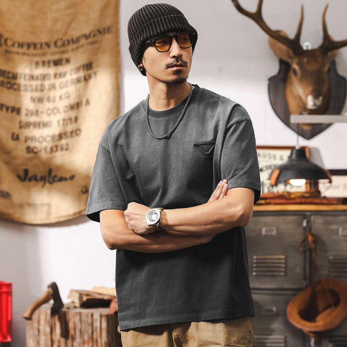 阿蘇特洗褪重磅T恤男夏季短袖潮流漸變水洗安可拉紅男士上衣