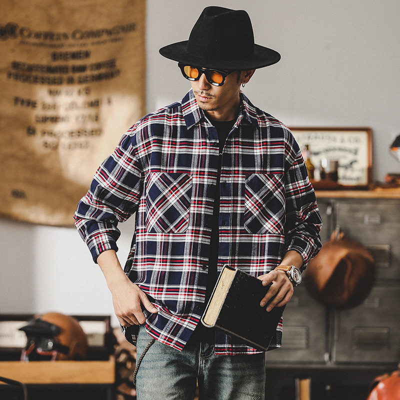 美式經典復古格子長袖襯衫男2024新款磨毛內搭英倫休閒襯衣男上衣