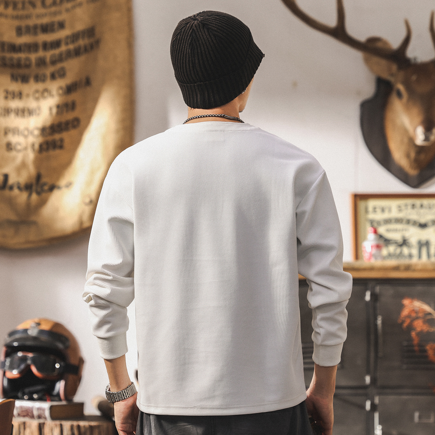 美式復古白色長袖t恤男秋季2025新款亨利領潮牌休閒寬鬆男士上衣T