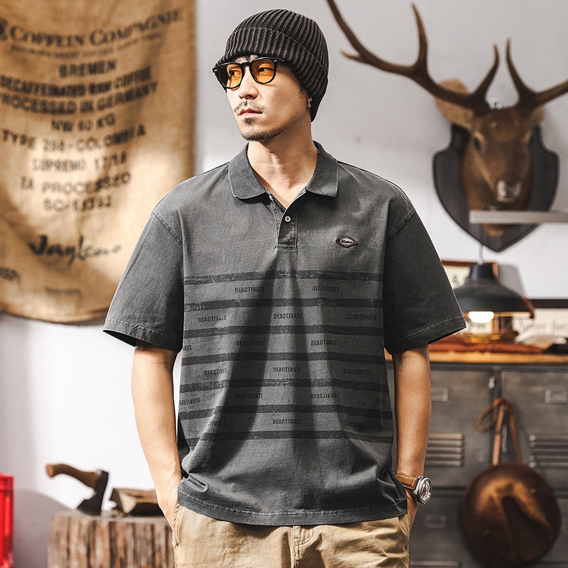 美式復古亨利領polo短袖男夏季2025新款重磅T恤男條紋上衣男